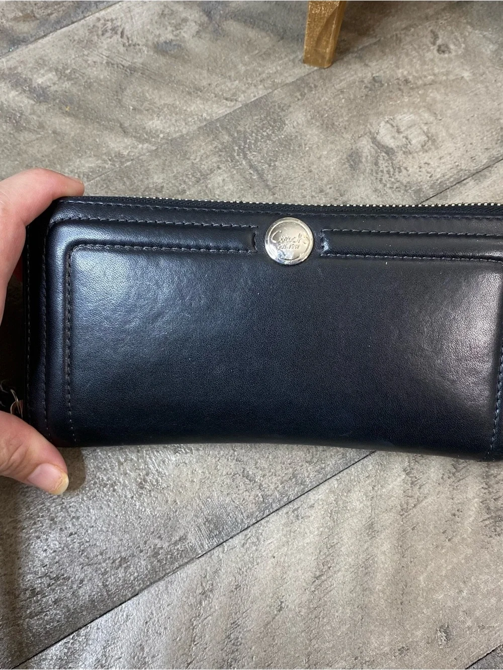 Coach Vintage Black Leather Zip Around Long Wallet Silver Button Accordion